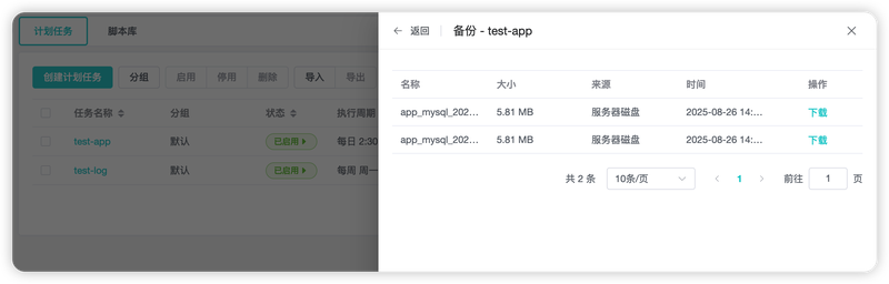 计划任务的执行报告界面，展示每次执行状态与日志